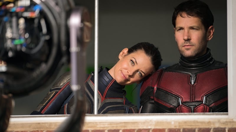 Evangeline Lilly and Paul Rudd on the set of Ant-Man and the Wasp. Photo: Ben Rothstein/Courtesy of Marvel Studios