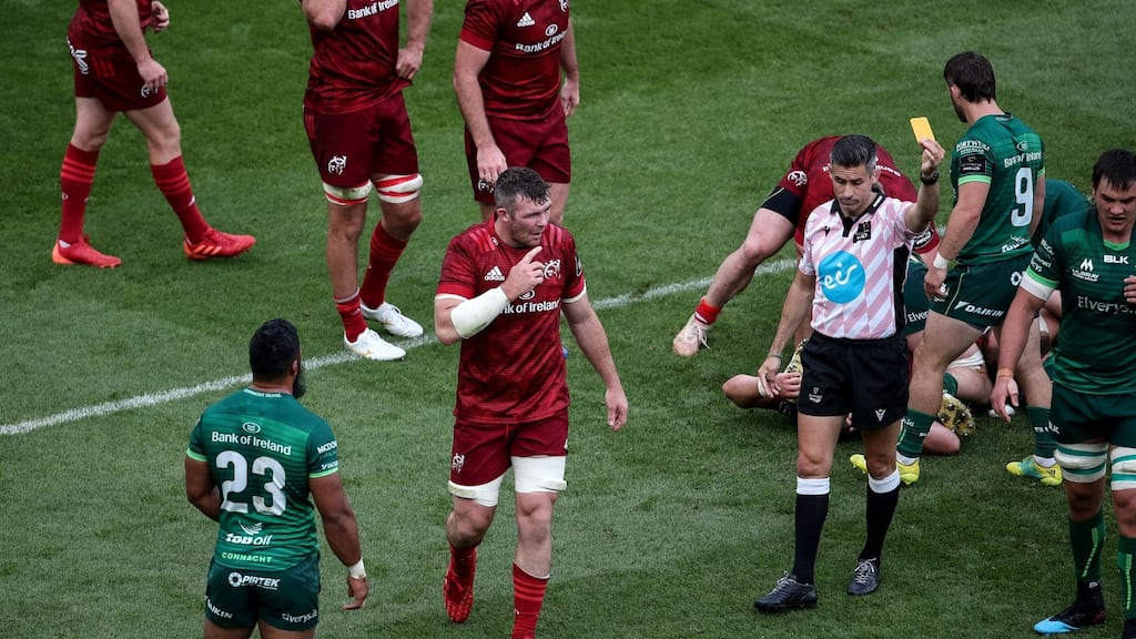 Referee Frank Murphy shows Munster’s Peter O’Mahony a yellow card during the Guinness Pro 14 game against Connacht at the  Aviva Stadium. Photograph: Dan Sheridan/Inpho