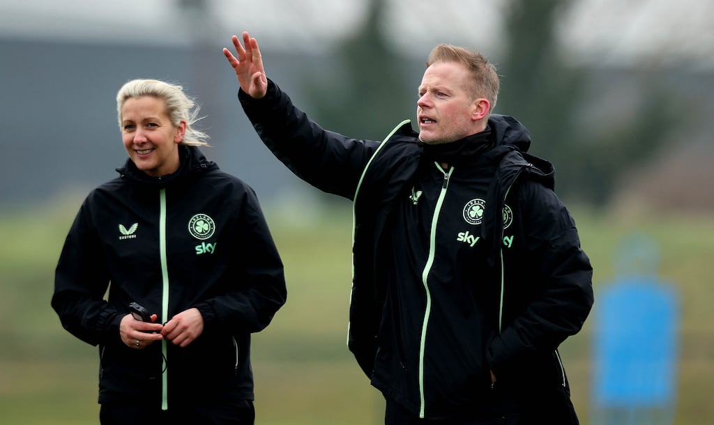 Republic of Ireland head coach Carla Ward and assistant head coach Alan Mahon at training in advance of Friday's Nations League meeting with Greece. Photograph: Ryan Byrne/Inpho