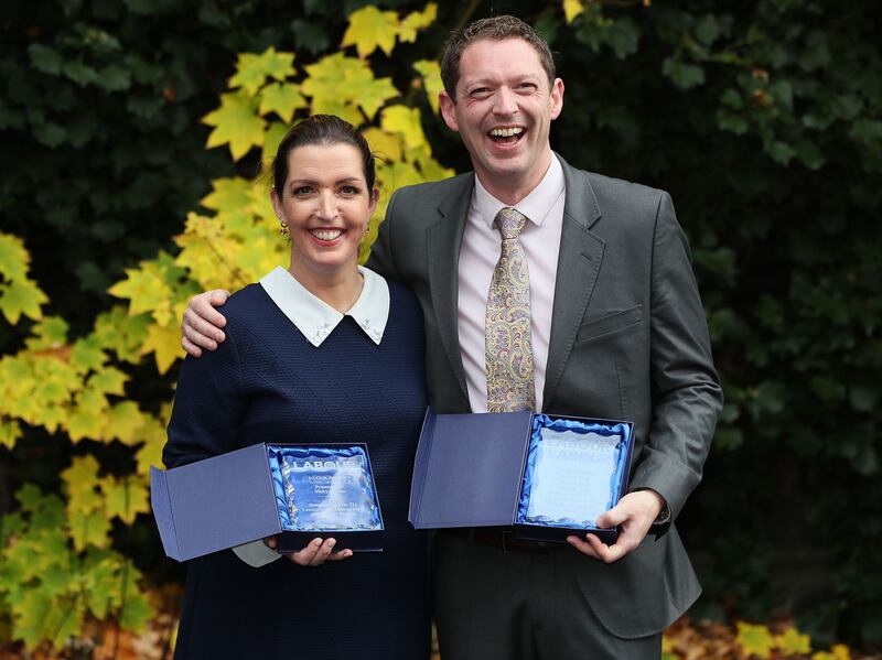Vicky Phelan, the cancer patient whose case triggered the cervical smear test controversy, and Stephen Teap with their Jo Cox Award last November. Photograph: Brian Lawless/PA Wire