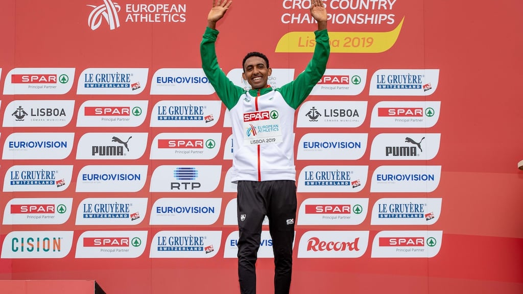 Ireland’s Efrem Gidey with his bronze medal from the Men’s U20 race at the European Cross Country Championships. Photo: Morgan Treacy/Inpho