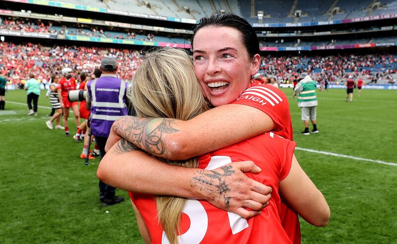 Ashling Thompson celebrates after the final whistle following Cork's victory over Galway. It was her sixth All-Ireland medal. Photograph: Ben Brady/Inpho