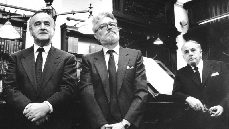 Taoiseach Albert Reynolds, Stephen Joyce and Alexis Leon at the official release of the James Joyce/Paul Leon papers at the National Library in April 1992.   Photograph: Matt Kavanagh/The Irish Times