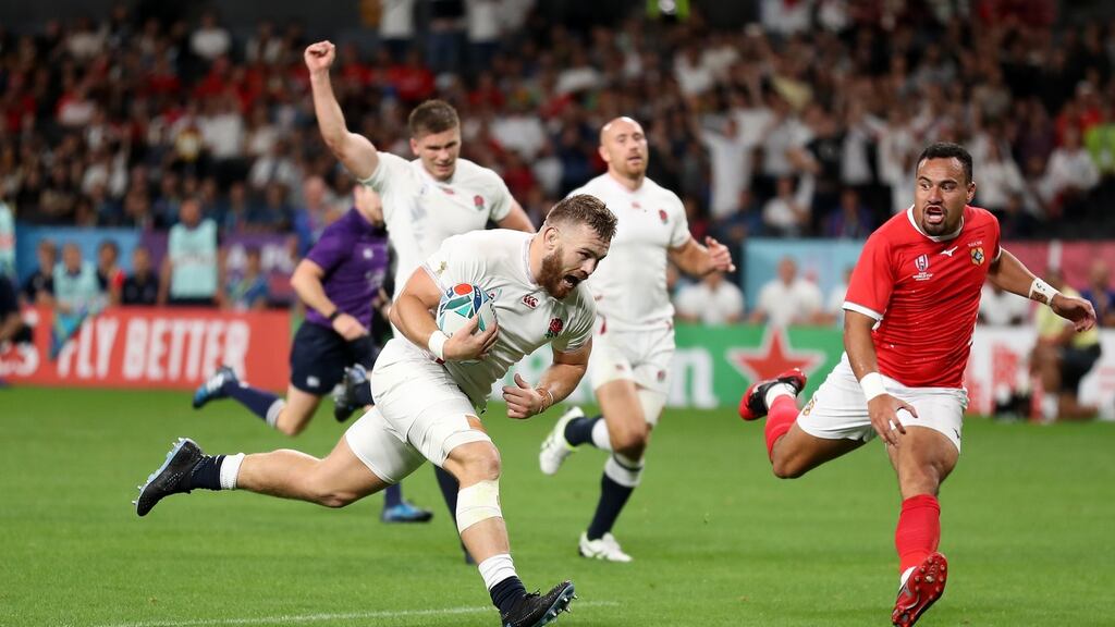 Luke Cowan-Dickie of England scores his side’s fourth try during the Rugby World Cup 2019 Group C win over Tonga at Sapporo Dome in Sapporo, Hokkaido, Japan. Photo: Shaun Botterill/Getty Images
