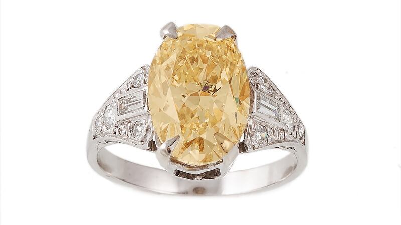 Diamond solitaire oval brilliant cut diamond of 3.02ct, VS1, with diamond set shoulders., €17,000-€22,000, O’Reilly’s