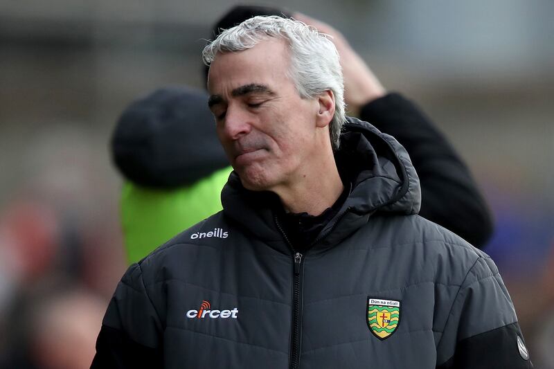 Donegal manager Jim McGuinness reacts to a missed shot on goal during the game with Armagh. Photograph: Leah Scholes/Inpho