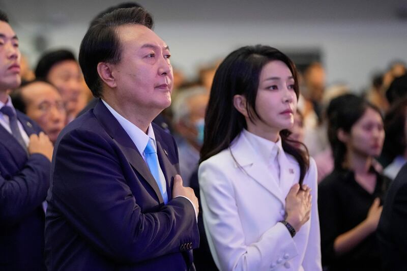 South Korean President Yoon Suk Yeol and his wife Kim Keon Hee attend a ceremony to celebrate the 78th anniversary of the Korean Liberation Day from Japanese colonial rule in 1945, in Seoul on August 15th, 2023. Photograph: Lee Jin-man/AFP via Getty Images