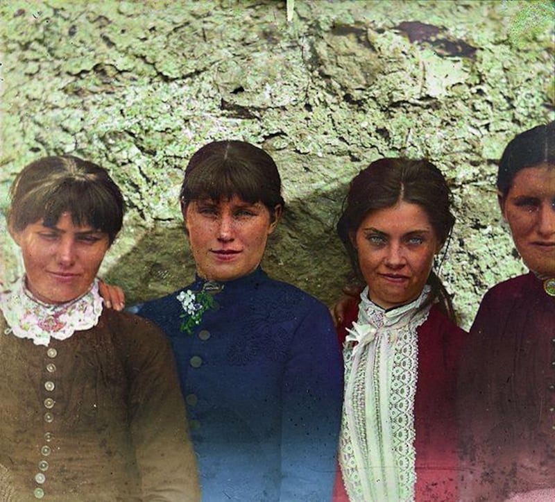 The O’Halloran sisters – Annie, Honoria and Sarah – with a fourth unidentified girl in Bodyke, Co Clare in June 1887. Photograph: National Library of Ireland from Old Ireland in Colour 2