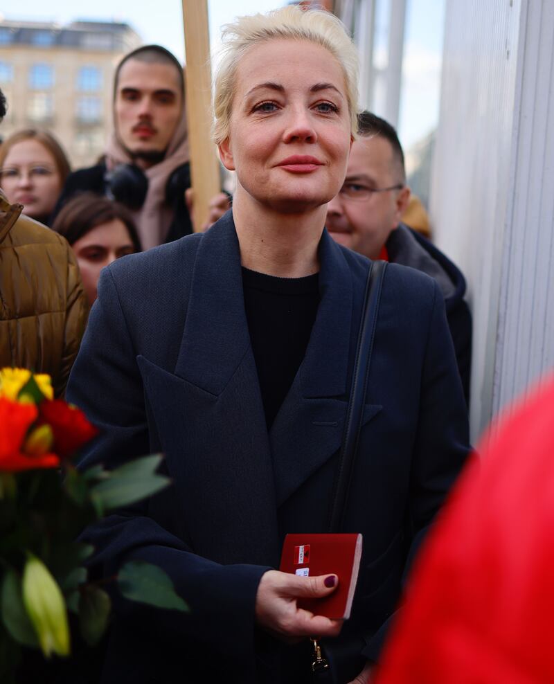 Yulia Navalnaya, widow of the late Russian opposition leader Alexei Navalny, waits in line to cast her ballot in the Russian presidential elections. Photograph: Hannibal Hanschke/EPA