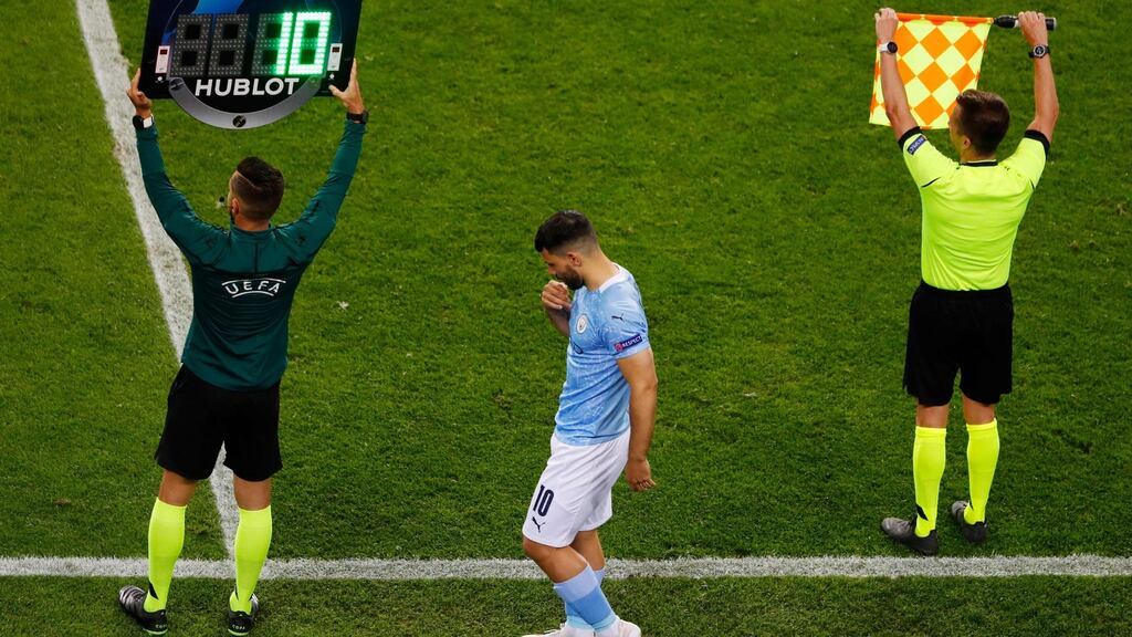 Sergio Agüero prepares to come on during the Champions League final against Chelsea in Porto. Photograph: Susana Vera/AFP via Getty Images