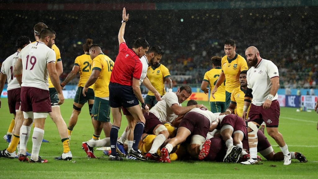 Jack Dempsey of Australia scores his team’s third try during the Rugby World Cup 2019 Group D match against Georgia. Photo: Cameron Spencer/Getty Images