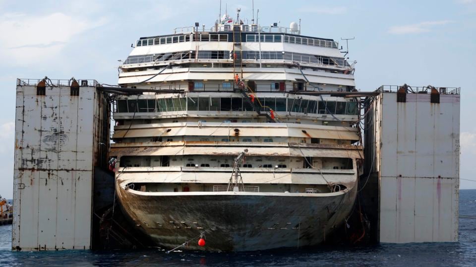 The Costa Concordia cruise liner is seen during its refloat operation at Giglio harbour. Photograph: Reuters