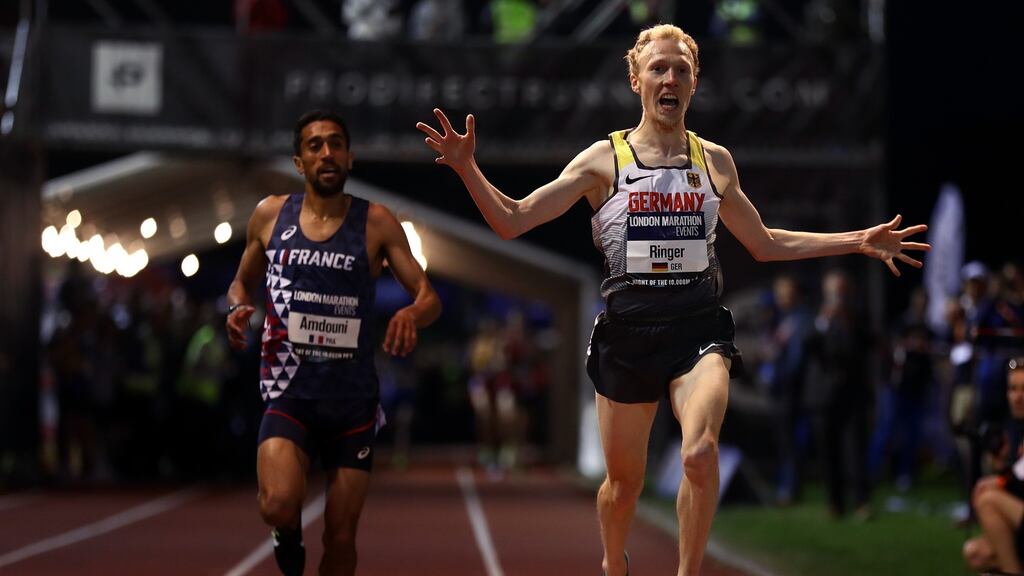 Germany’s Richard Ringer crosses the finishing line to win the 2018 European 10,000m Cup at Parliament Hill Athletics Track on Saturday in London. Photograph: Bryn Lennon/Getty Images