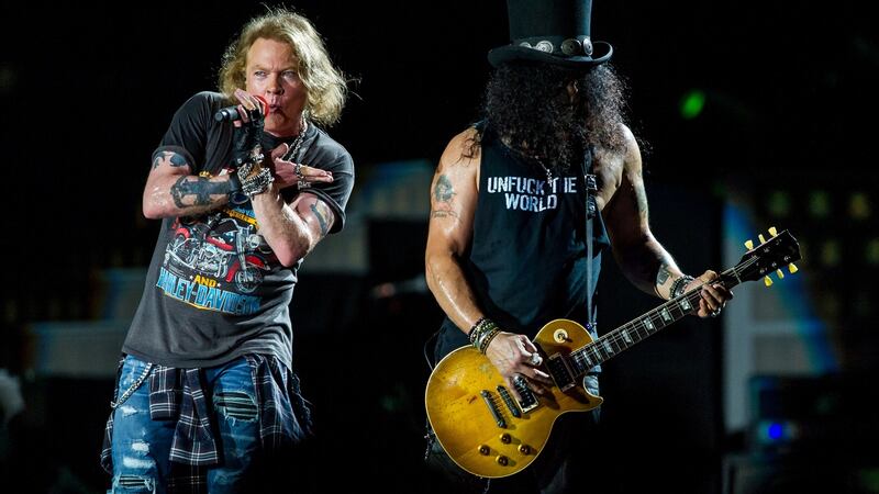 Axl Rose and Slash perform at the Guns N’ Roses Not In This Lifetime Tour at QSAC Stadium Brisbane on February 7, 2017 in Brisbane, Australia. Photograph: Marc Grimwade/WireImage