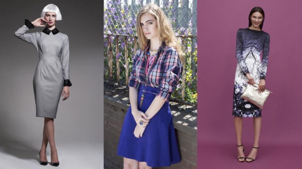 From left, FRAN & JANE: Brea 1 houndstooth dress with detachable collar was €179, now €90; COLDLILIES: yellow pendant, was €75, now €67.50, by Muireann Walshe; pink pendant, was €140, now €126, by Muireann Walshe; neon multistrand necklace by Sonal Talgeri Bhaskaran, was €175, now €122.50; orange and pink amulet by Sonal Talgeri Bhaskaran, was €105, now €73.50; cocktail ring by Sonal Talgeri Bhaskaran, was €200 now €140. ASOS.COM: printed dress reduced to €81 from €135