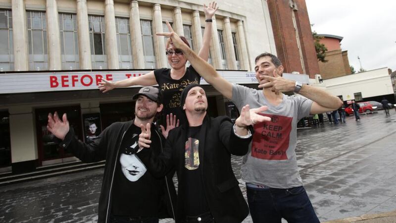 Left to right: Kate Bush fans  John O’Connor  from Cork; Gaye Godfrey-Nicholls from Perth, Australia; Neil Sheriff from Melbourne and Raphael Dussarps from Paris outside the Hammersmith Apollo, in west London last night. Photograph: Yui Mok/PA Wire