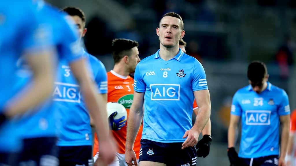 Heads down: Dublin’s dejected Brian Fenton walks off following defeat to Armagh on Saturday evening. Photograph: Ryan Byrne/Inpho