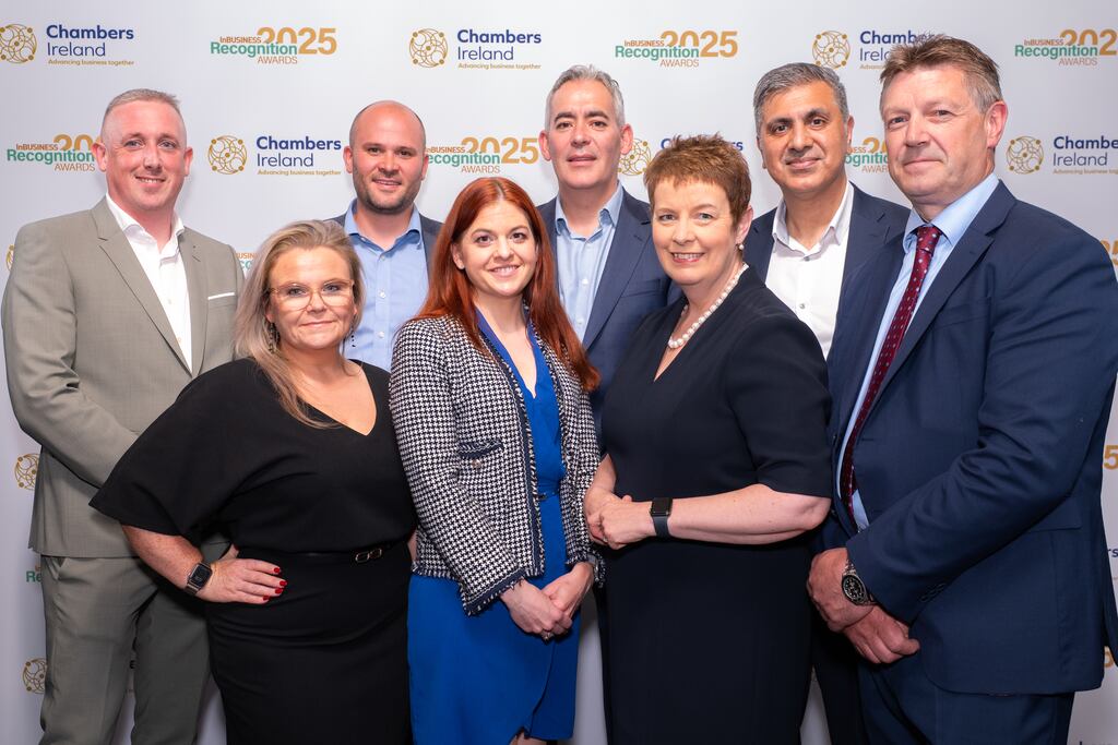 Winner of Company of the Year - Sodexo. David Fox, managing director at Sodexo Ireland; Marian Cronin, business development director at Sodexo Ireland; David MacLeod, head of finance at Sodexo Ireland; Paula McLoughlin, Barry Murphy FCA, group VP treasury at Sodexo Ireland; Deirdre Saunders, divisional director at Sodexo Ireland; Amolak Dhariwal, chief financial officer at Sodexo Ireland; and Billy Perkins, divisional director at Sodexo Ireland. Photographer: Ruben Morrissey-Fernandez/Ruby Productions