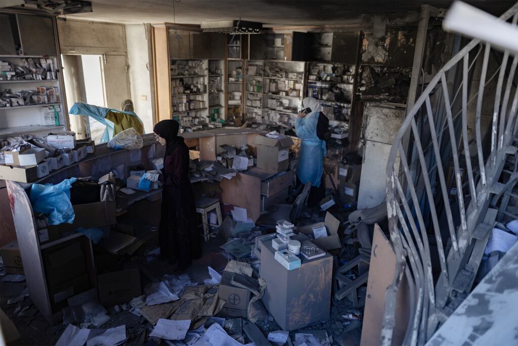 Heavy damage inside the Al-Ahli Arab Hospital in Gaza City after it was struck by two Israeli missiles on Sunday. Photograph: Saher Alghorra/The New York Times