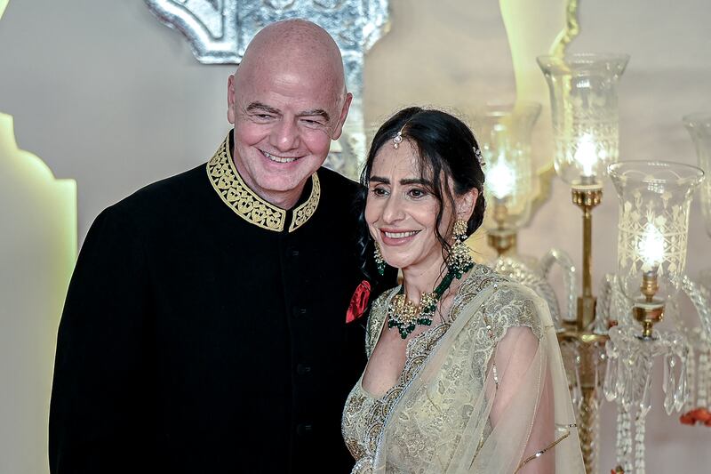 Ambani wedding: Gianni Infantino with wife Leena Al Ashqar. Photograph: Punit Paranjpepunit Paranjpe/AFP via Getty Images