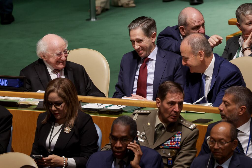 President Michael D Higgins with Taoiseach Simon Harris and Tánaiste Micheal Martin during the opening session of the United Nations General Assembly in New York. Photograph: Maxwell’s