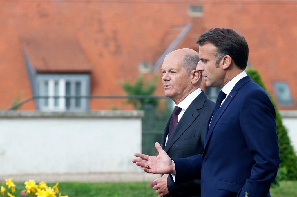 German chancellor Olaf Scholz (left) with French president Emmanuel Macron at the Schloss Meseberg palace in Meseberg, eastern Germany, on Tuesday. Photograph: Ludovic Marin/AFP/Getty