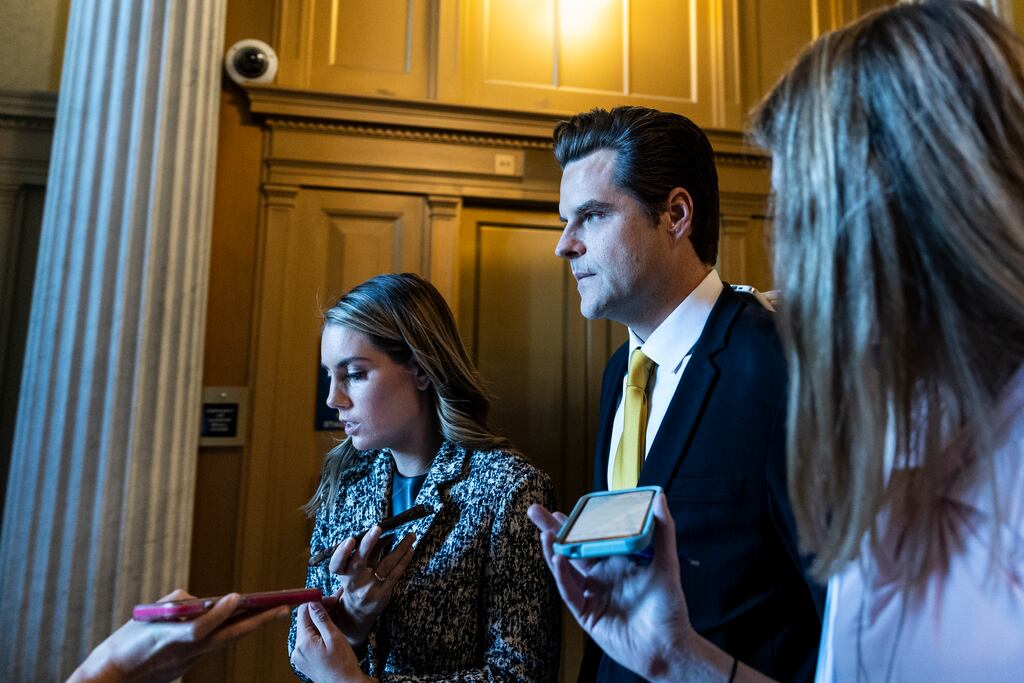 Republican member of the US House of Representatives Matt Gaetz talks to reporters in Washington DC on Monday. He says he will file a motion this week to remove Kevin McCarthy as House speaker. Photograph: Anna Moneymaker/Getty Images