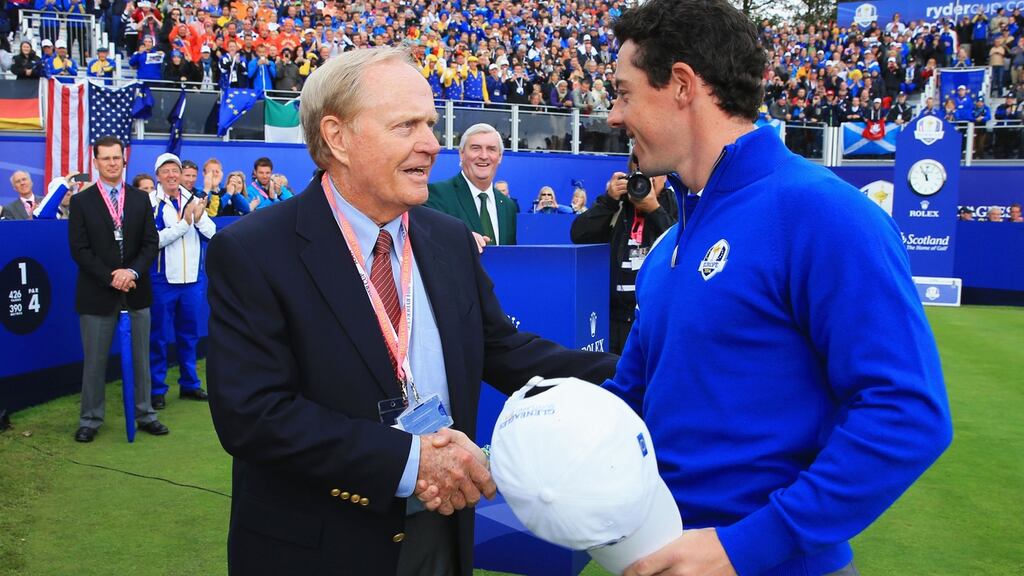 Rory McIlroy of Europe shakes hands with Jack Nicklaus at the Ryder Cup in Scotland. Photograph: David Cannon/Getty Images