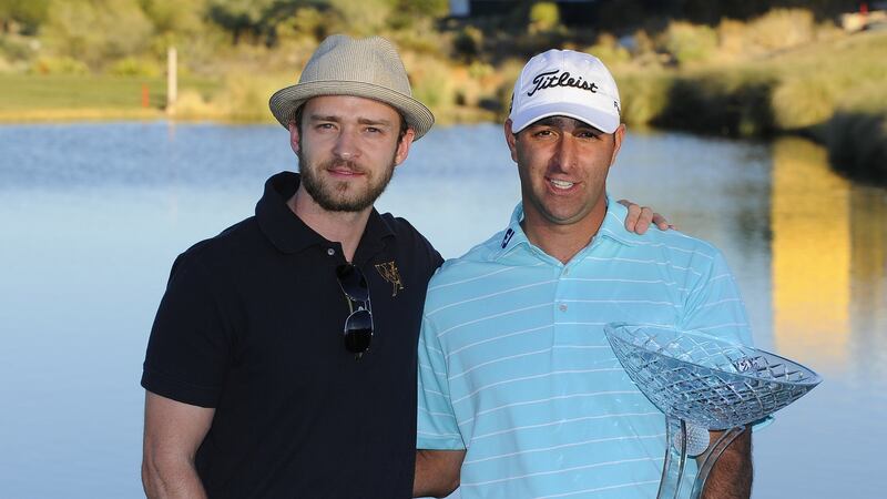 Tournament host Justin Timberlake and champion Marc Turnesa after the final round of the Justin Timberlake Shriners Hospitals for Children Open held at TPC Summerlin in 2008. Photo: Stan Badz/PGA TOUR