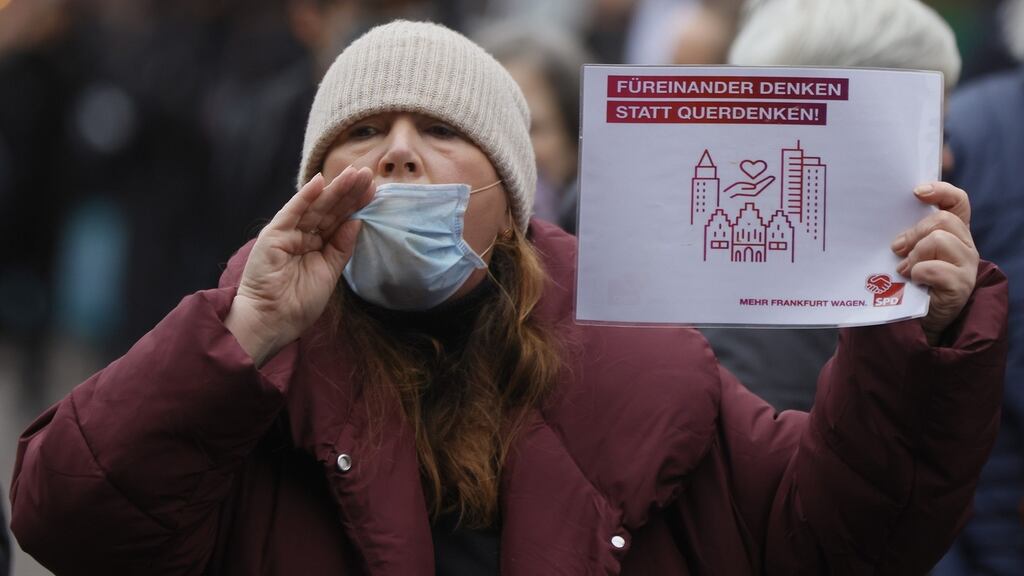 A protest against coronavirus restrictions in Frankfurt on Saturday. Photograph: Ronald Wittek/EPA