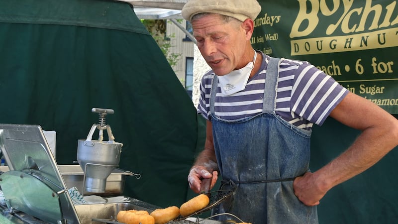 Daniel Rosen at his BoyChik Doughnut stall in St Patrick’s National School yard at the Galway Market. Photograph: Joe O’Shaughnessy