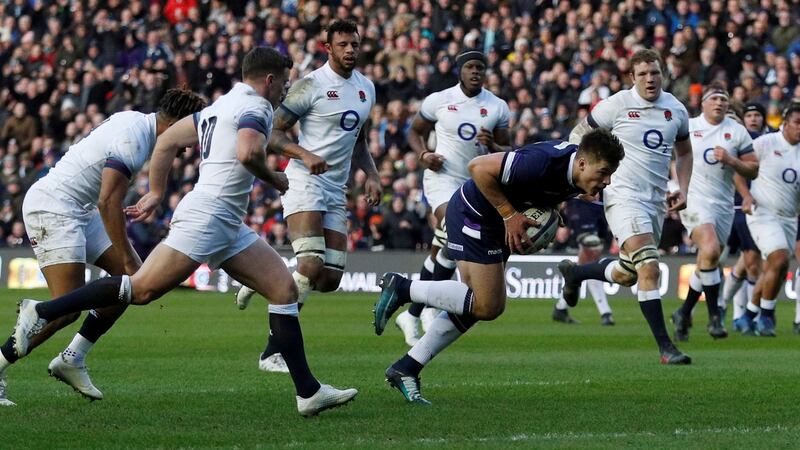 Huw Jones scores scotland’s first try against England at Murrayfield. Photograph: Lee Smith/Reuters