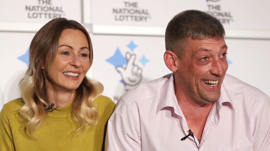 Self-employed builder Steve Thomson (42) and his wife Lenka Thomson (41) from Selsey, West Sussex, England, have won the 9th largest lottery jackpot ever in the UK. Photograph: Andrew Matthews/PA Wire