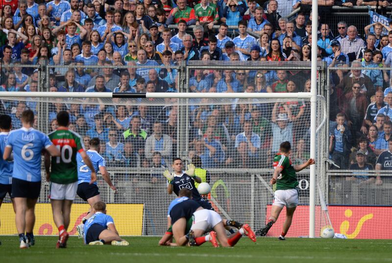 Stephen Cluxton stops a shot from Jason Doherty in the 2015 All-Ireland final. Photograph: Dara Mac Dónaill