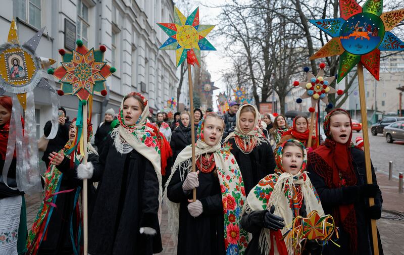 Ukrainians sing Christmas carols and carry decorated stars of Bethlehem in Kyiv. Last year, Ukraine moved the official Christmas Day holiday to December 25th, departing from the Russian Orthodox Church tradition of celebrating on January 7th.
