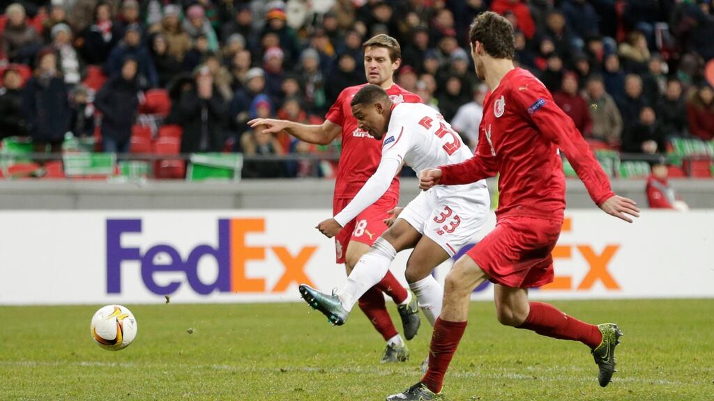 Jordon Ibe scores for Liverpool during the Europa League game against Rubin Kazan at The Kazan Arena. Photograph: Henry Browne/Action Images via Reuters/Livepic