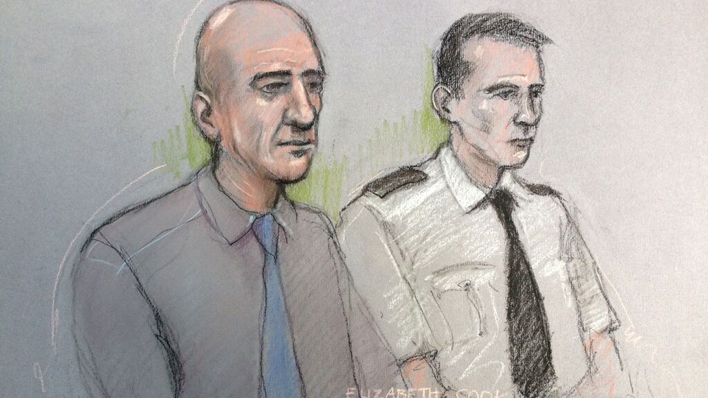 Court artist sketch Stephen Port (left) appearing at the Old Bailey, London: he is accused of drugging and murdering four young men he met on gay dating websites. Photograph: Elizabeth Cook/PA Wire
