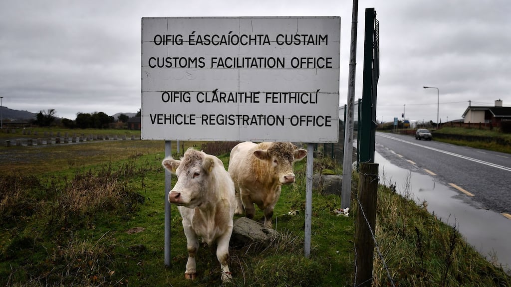 Cows stand beneath a sign for the disused Customs Office along the Border. Ireland, as an exporting nation, is about chemicals and computers, not cows. Photograph: Charles McQuillan/Getty Images