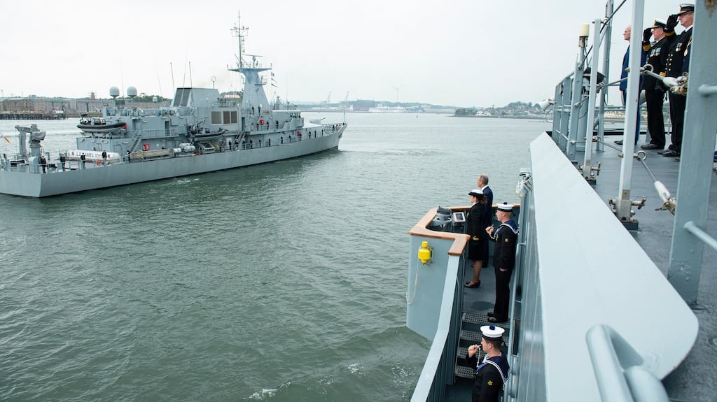 Taoiseach Micheál Martin and Minister for Defence, Simon Coveney at the Naval Service 75th anniversary in Cork on Saturday. Photograph: Julien Behal