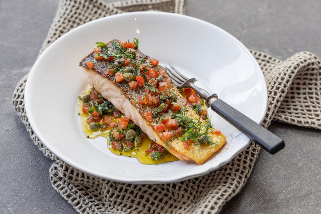 Crispy-skinned salmon with sauce vierge. Photograph: Harry Weir