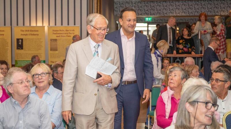 Then taoiseach Leo Varadkar at the MacGill Summer School in Glenties, Co Donegal, with the summer school’s director, Joe Mulholland. Photograph: North West Newspix