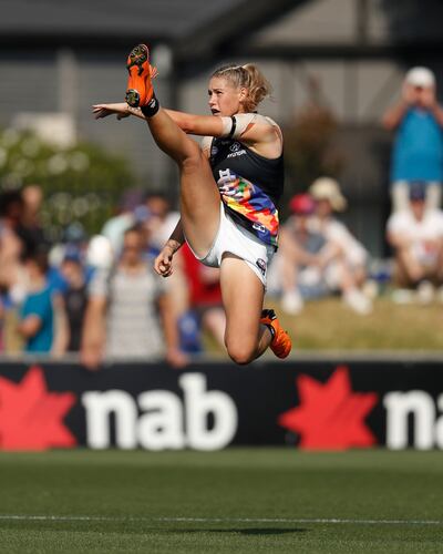 In 2019, women’s Australian Football star and professional boxer Tayla Harris suffered derogatory and sexist abuse when a photo of her kicking a football in an AFLW game was shared online. Photograph: Michael Willson/AFL/Getty