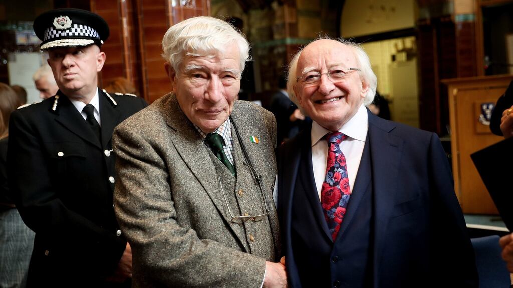 President Michael D Higgins  with Prof. George Huxley, sponsor of George Huxley Prize for Irish Studies, at a reception at the University of Liverpool on Tuesday. Photograph: Maxwell/PA Wire
