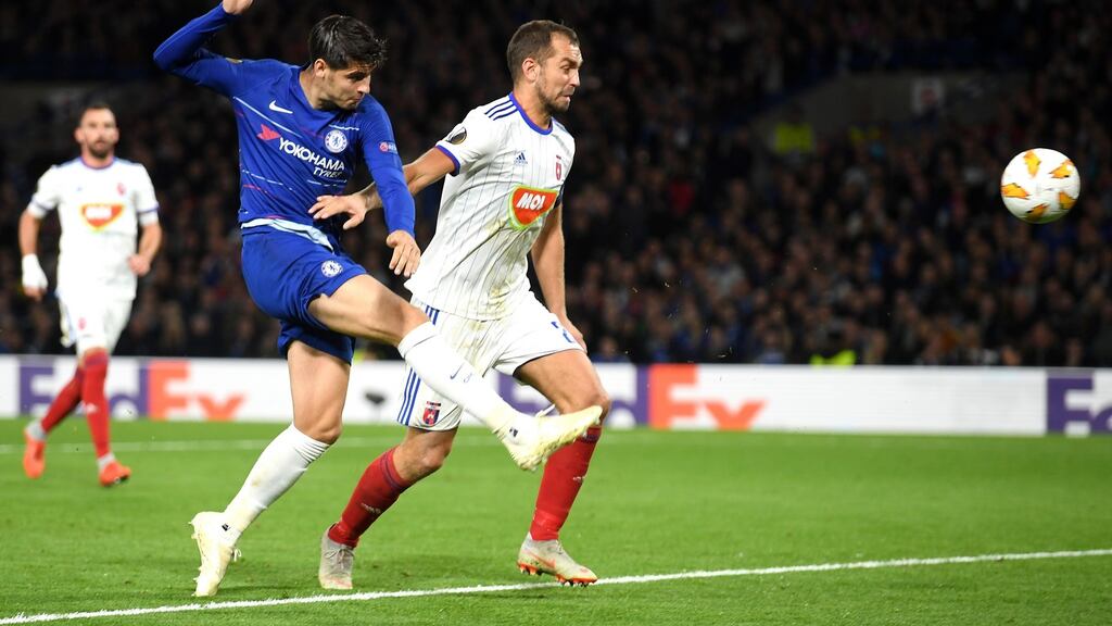 Alvaro Morata scores for Chelsea in the Europa League Group L match against Vidi FC at Stamford Bridge. Photograph: Mike Hewitt/Getty Images