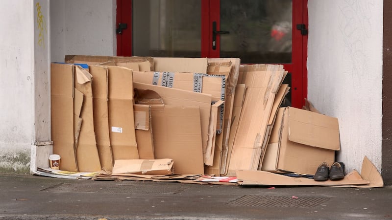 A doorway sheltered with cardboard where people regularly sleep rough in Galway city centre. Photograph: Joe O’Shaughnessy