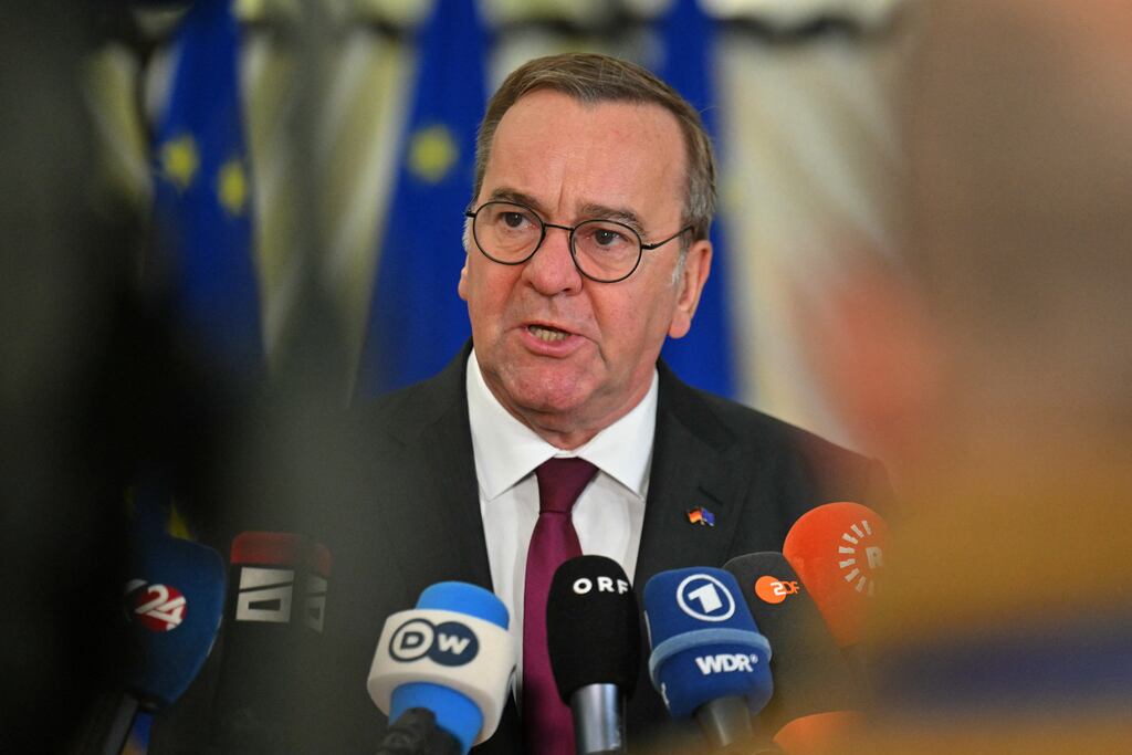 German minister for defence Boris Pistorius speaks to the press as he arrives for a meeting of EU defence ministers in Brussels on Tuesday. Photograph: Nicolas Tucat/AFP via Getty Images
