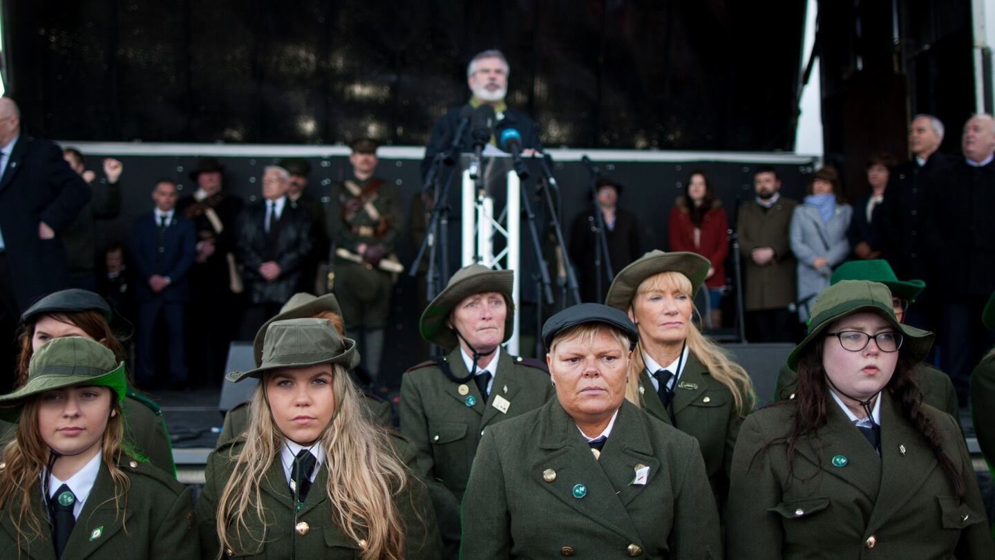 Women dressed in period uniform listen to Sinn Féin President Gerry Adams TD speak during the Sinn Féin 1916 commemoration. Photograph: Liam McBurney/PA Wire