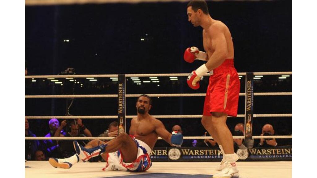 England's David Haye lies on the floor during his World Heavyweight unification fight and defeat to Wladimir Klitschko at the Imtech Arena in Hamburg, Germany. Photograph: Martin Rose/Bongarts/Getty Images