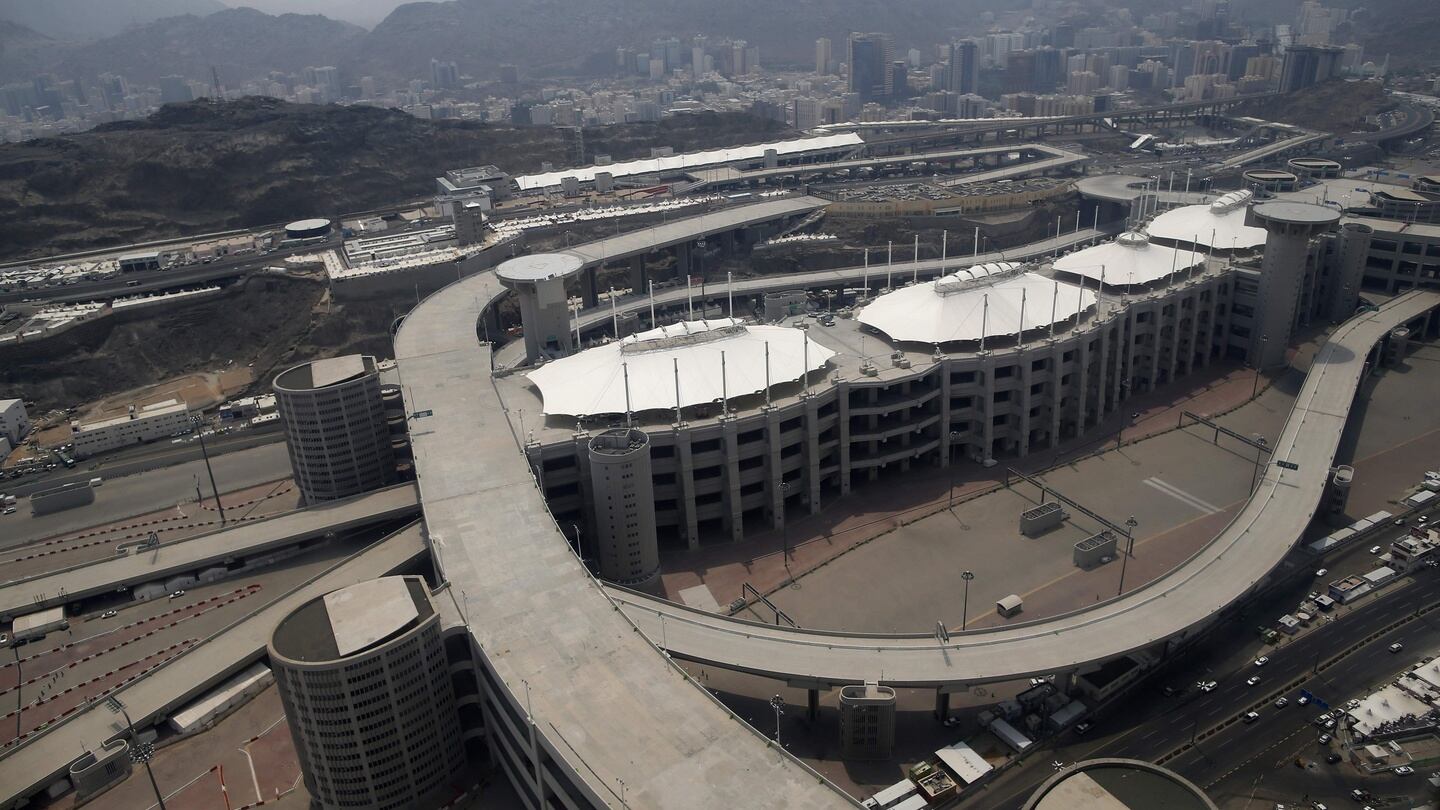 An aerial picture shows the area where Muslim pilgrims throw pebbles at pillars during the Jamarat ritual, the symbolic stoning of Satan, in Mina, near the holy city of Mecca. Photograph: Ahmad Gharabli/AFP/Getty Images