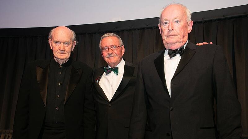 Frank McDonald, Awards Judging Co-ordinator presents the Outstanding Contribution to Architecture award to Shane de Blacam & John Meagher, De Blacam and Meagher.